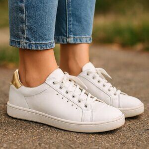 Tommy Hilfiger Womens 9 Fashion Sneakers White Gold Faux Leather Athletic Shoes